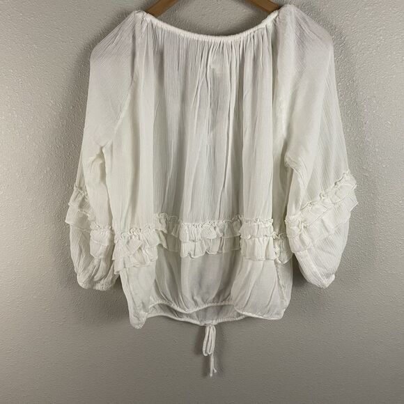 Denim & Supply Womens S White Peasant Ruffle Crepe Tie Neck And Hem Blouse - Picture 4 of 4